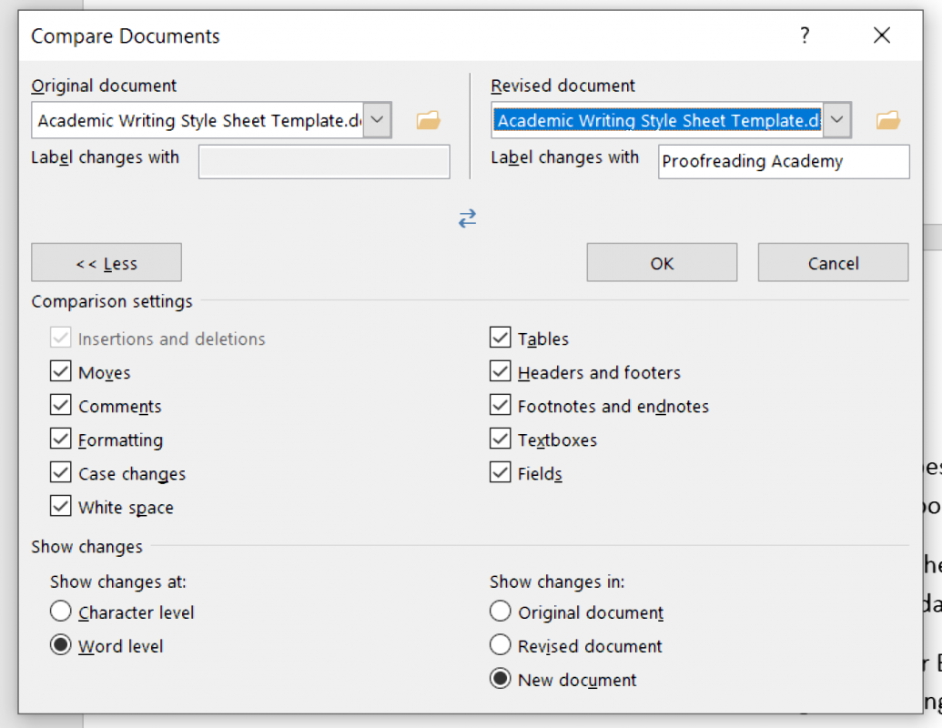 Comparing documents in Microsoft Word.