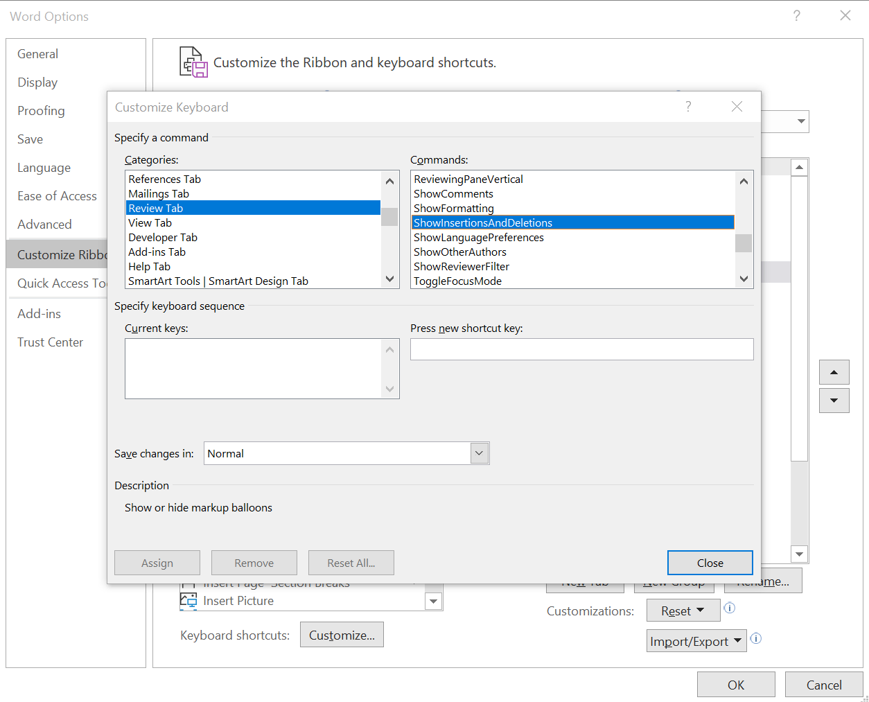 A screenshot showing the menu for creating a custom shortcut in Word for Windows