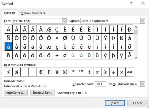 Selecting diacritics in MS Word.