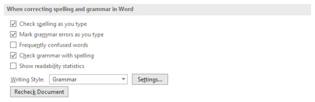 Proofing Options for Word